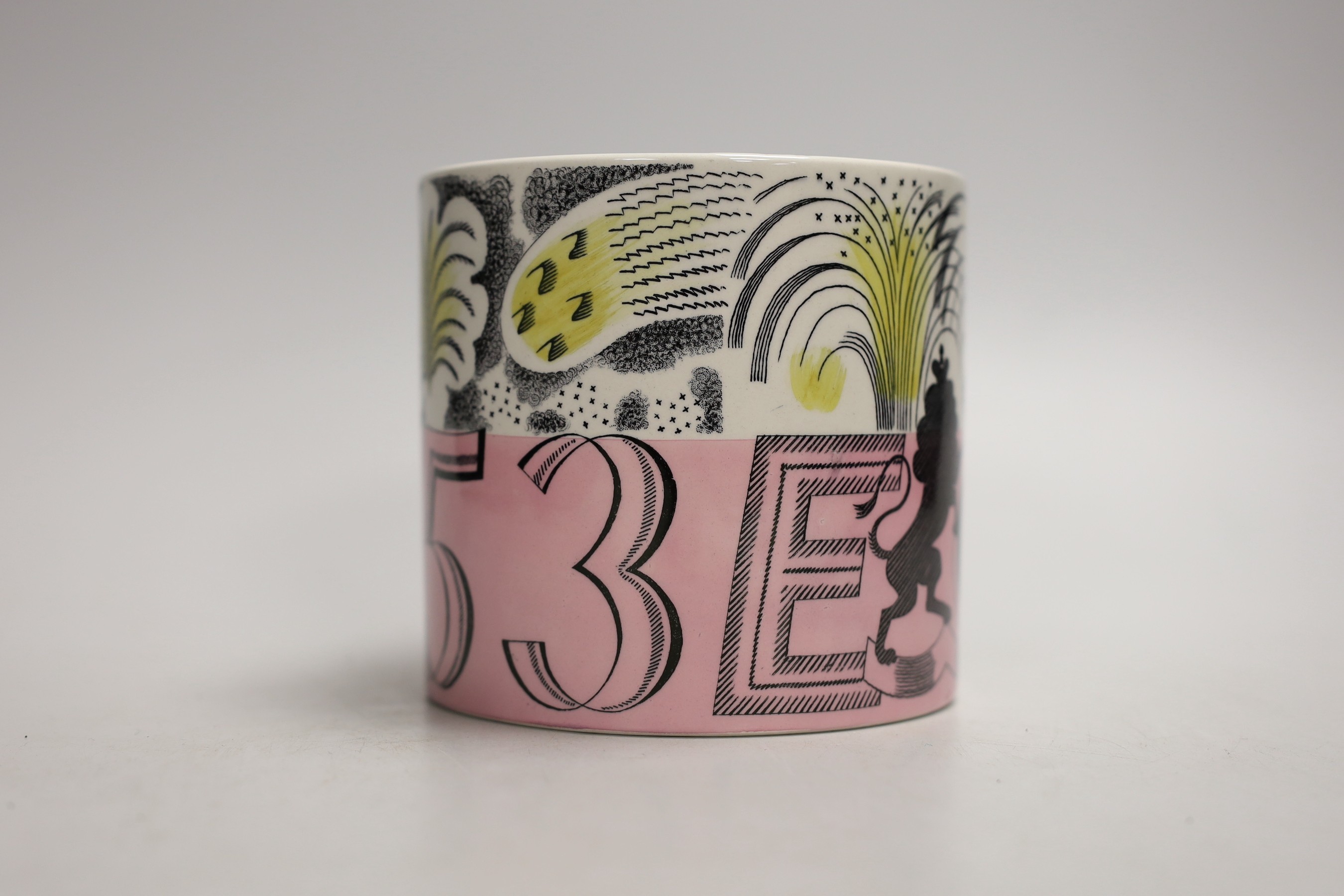 A Queen Elizabeth II coronation commemorative 1953 mug designed by Eric Ravilious